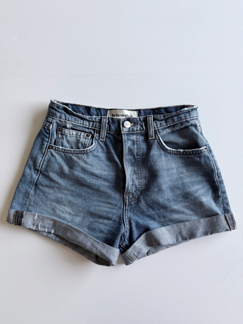 Reformation Lola High Rise Denim Shorts Bali Wash Button Fly Size 25
